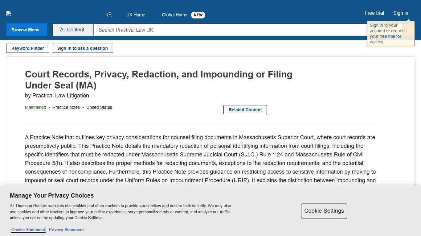 Court Records, Privacy, Redaction, and Impounding or Filing Under Seal (MA) Practical Law
