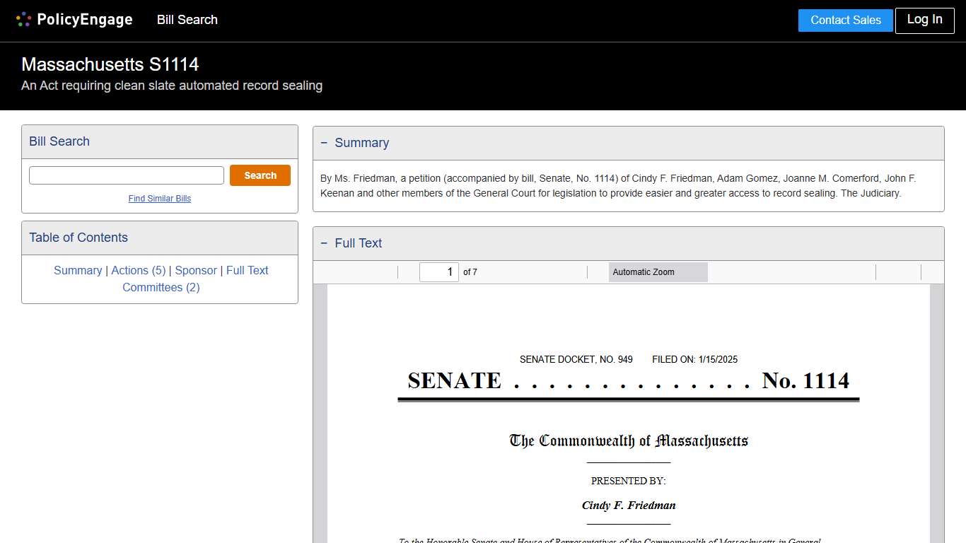 S1114 Massachusetts 2025-2026 An Act requiring clean slate automated record sealing - Legislative Tracking PolicyEngage