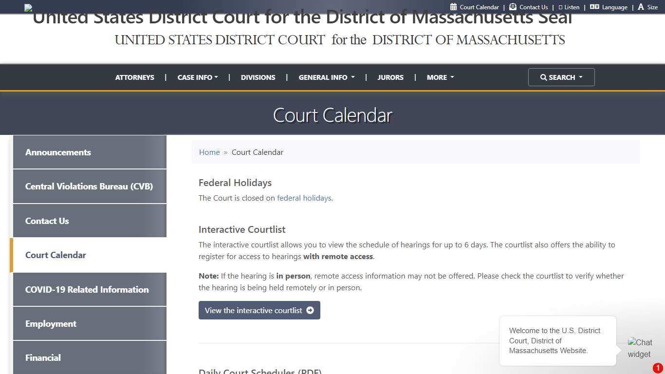 Court Calendar United States District Court for the District of Massachusetts